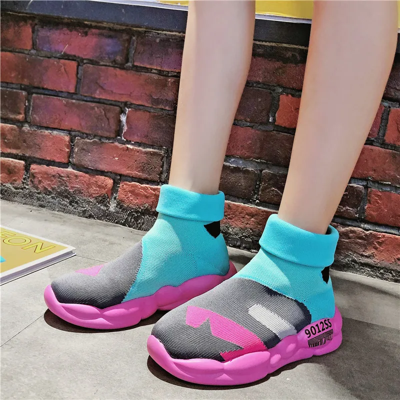 

Summer Women Harajuku Patchwork Shoes Brand Girl Sock Heel Sneakers Designer Breathable Elastic Knit Lightweight Platform K2-37
