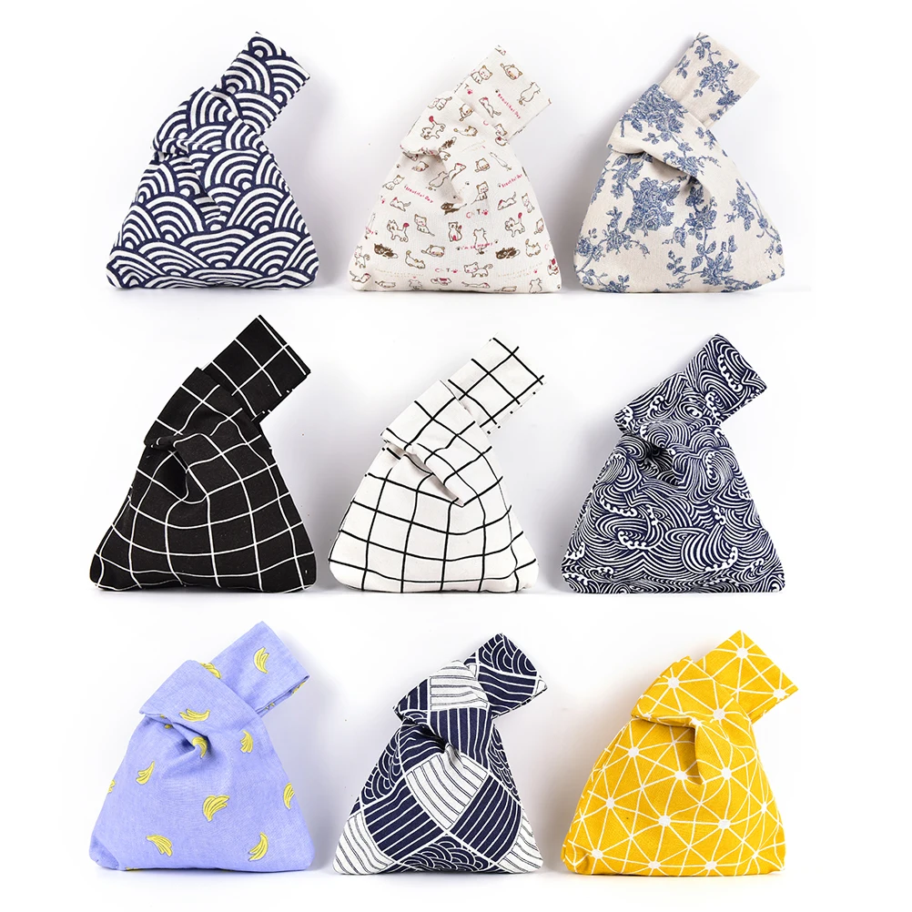 

Japanese Style Wind Simple Knot Wrist Bag Grid Wave Flower Handmade Square Bag Mobile Phone Key Small Bag