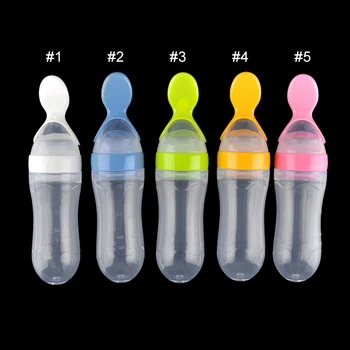 

Infant Food Supplement 90ml baby feeding bottle With Spoon Silicone Rice Cereal 5 color best quality