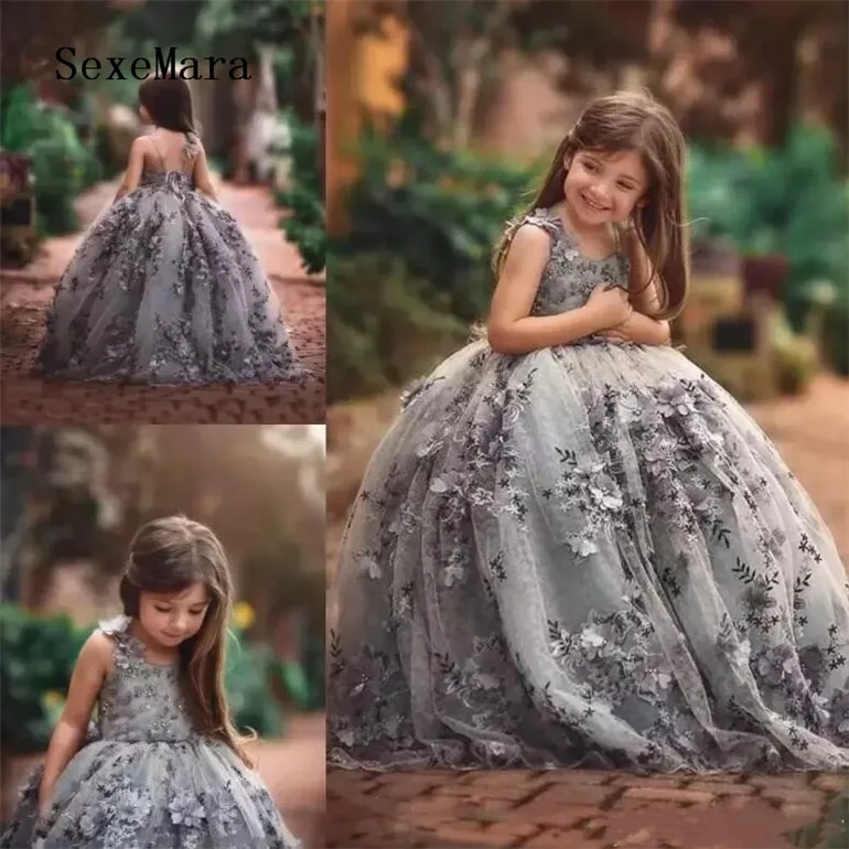 Серебряное платье принцессы с цветочным узором для девочек; бальное платье на бретельках с открытой спиной; кружевное платье с объемной аппликацией; вечерние платья для девочек