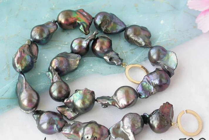 

shipping>>>>>big 17" 26mm baroque black keshi reborn pearl necklace 14k