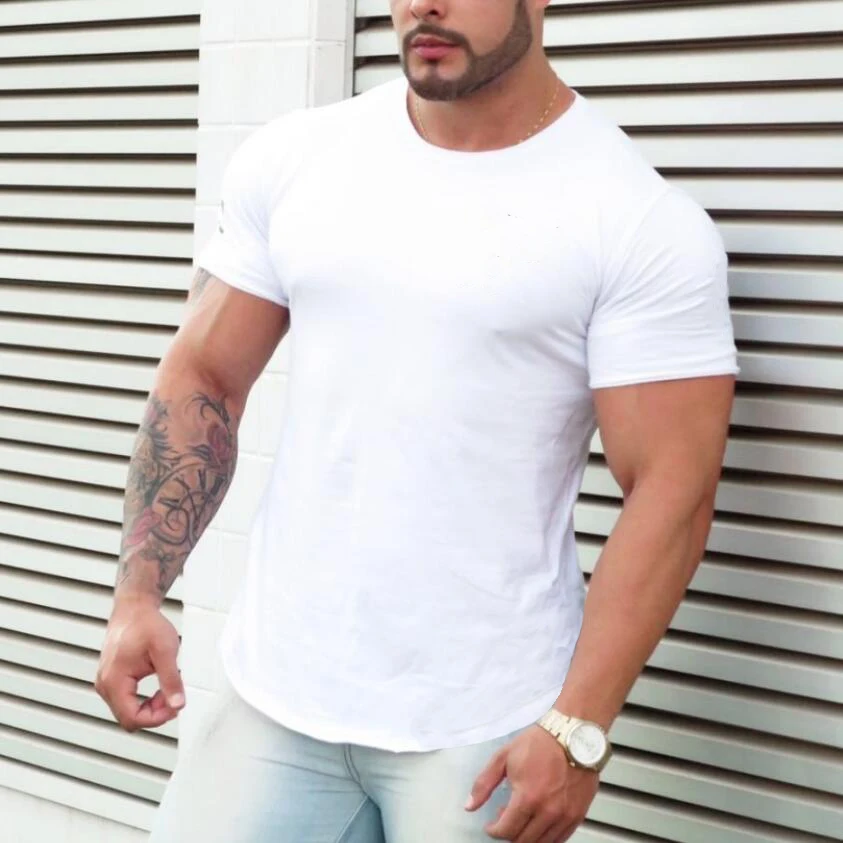 Muscleguys Новые однотонные Фитнес Одежда тренажерные залы Tight Футболка мужская