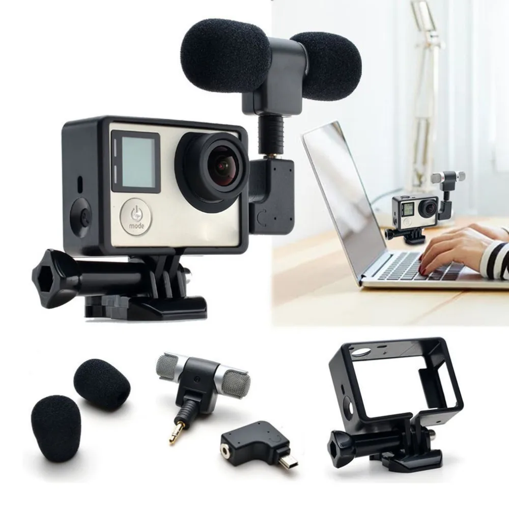 For Gopro Hero 3/3+/4 Mini Stereo Microphone Protective Frame Case Mount For Go Pro Action Camera 3.5mm No Noise mini Mic