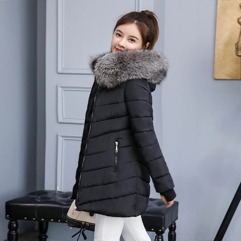 

black coats woman winter new arrival 2019 long thick cotton padded with hood Fur Collar warm park winter jacket women female