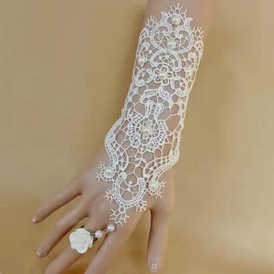 

Pairs Of Fingerless Lace Wedding Gloves White and Black New Hot Sale Fashion Bride Bridal Gloves With Ring Bracelet
