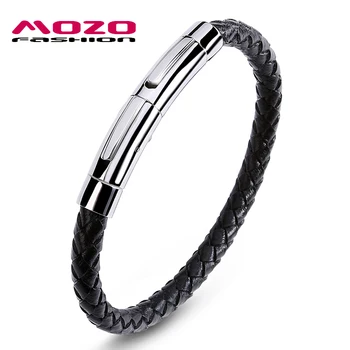 

MOZO FASHION New Men Casual Bracelets Stainless Steel Clasps Black Leather Bracelets Man Bangles Hot Selling Jewelry Gifts 1052