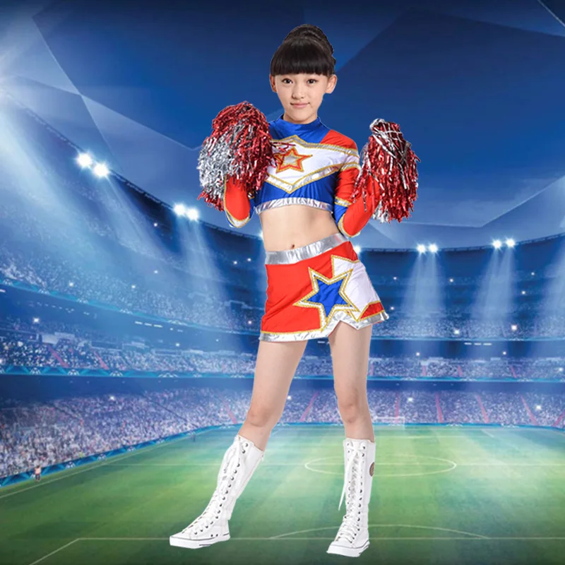 قصيرة الأكمام الأزرق الكرة المشجع زي الاطفال فستان رقص للفتيات الفتيان الحديثة أزياء رقص للأطفال قمم + تنورة قصيرة الأكمام الأزرق الكرة المشجع زي الاطفال فستان رقص للفتيات الفتيان الحديثة أزياء رقص للأطفال قمم + تنورة