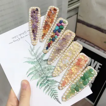 

New Summer Fresh Green Purple Orange Colorful Stones Pearls Hair Clip For Women Korean Barrettes Hair Accessories Pearl Hair Pin