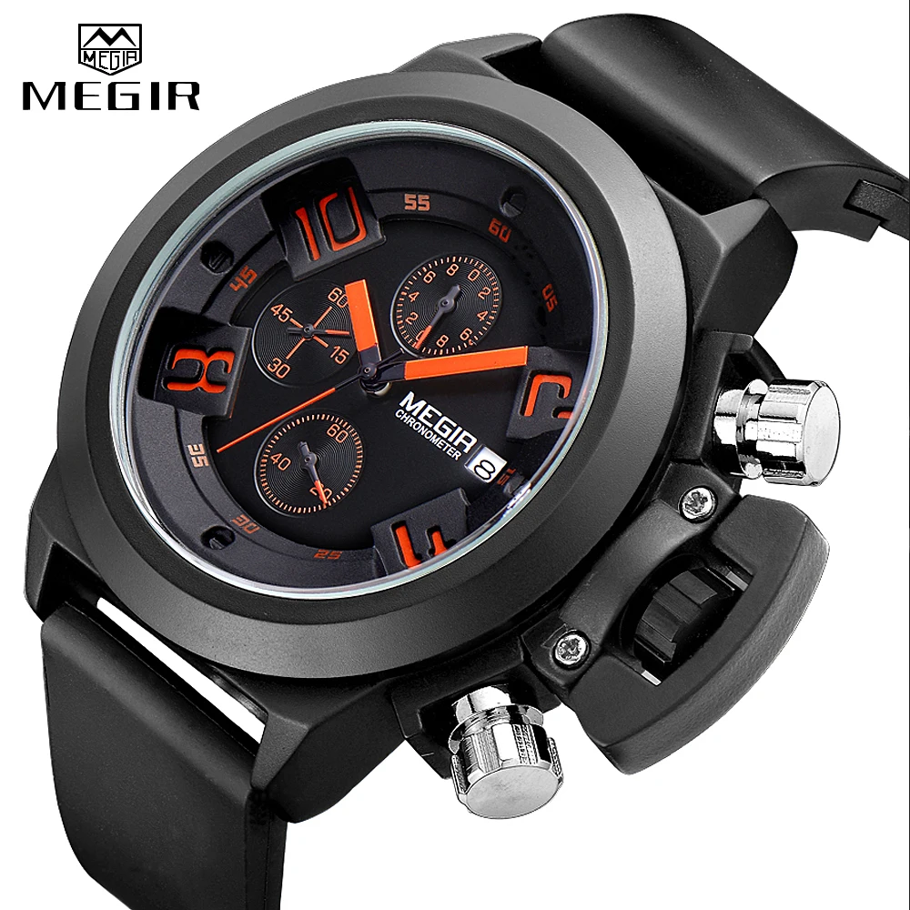 Мужские спортивные кварцевые часы MEGIR с 3D гравировкой и циферблатом, черные силиконовые водонепроницаемые военные часы с хронографом, Reloj Hombre