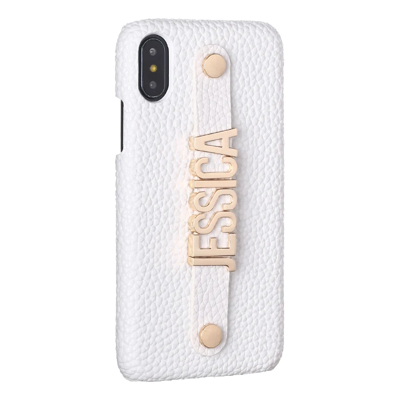 

Holding Strap Metal Personalisation Your Name Pebble Grain Leather Phone Case Cover For iPhone 6 6S XS Max XR 7 7Plus 8 8Plus X