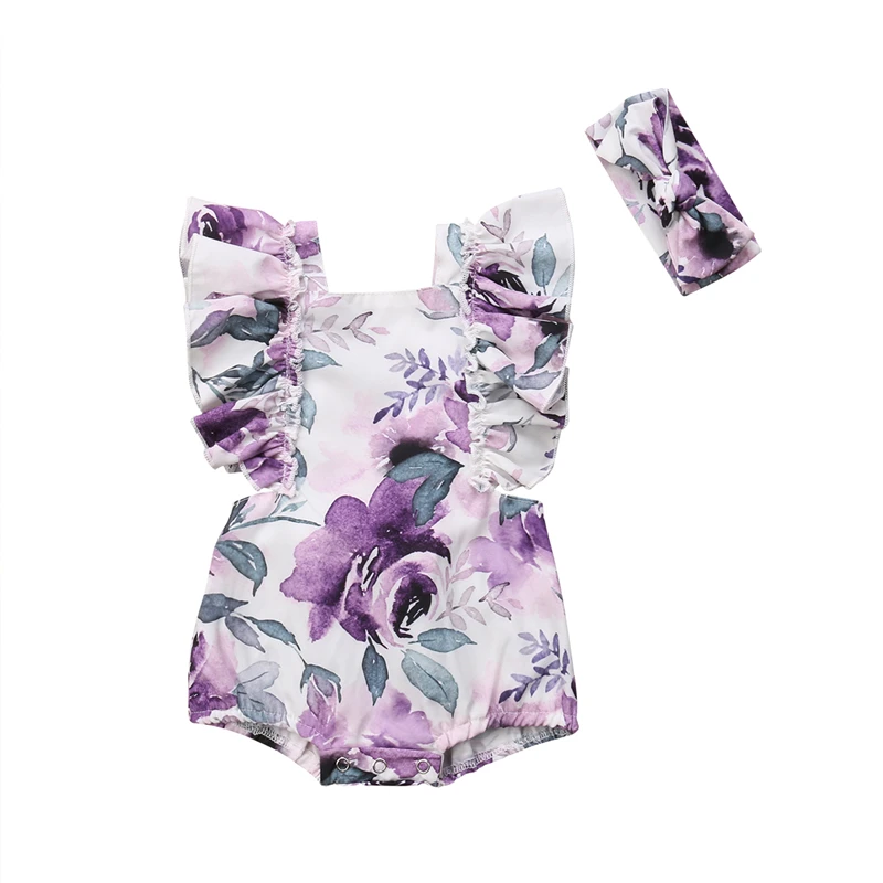 

Newborn Baby Girls Floral Bodysuit Playsuit Headbands Outfits Clothes Square Collar Clothing