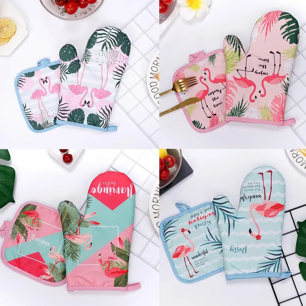 2pcs Flamingo Pattern Microwave Gloves Cotton And Linen Padded High Temperature Resistant Oven Gloves For Kitchen Cooking Tool