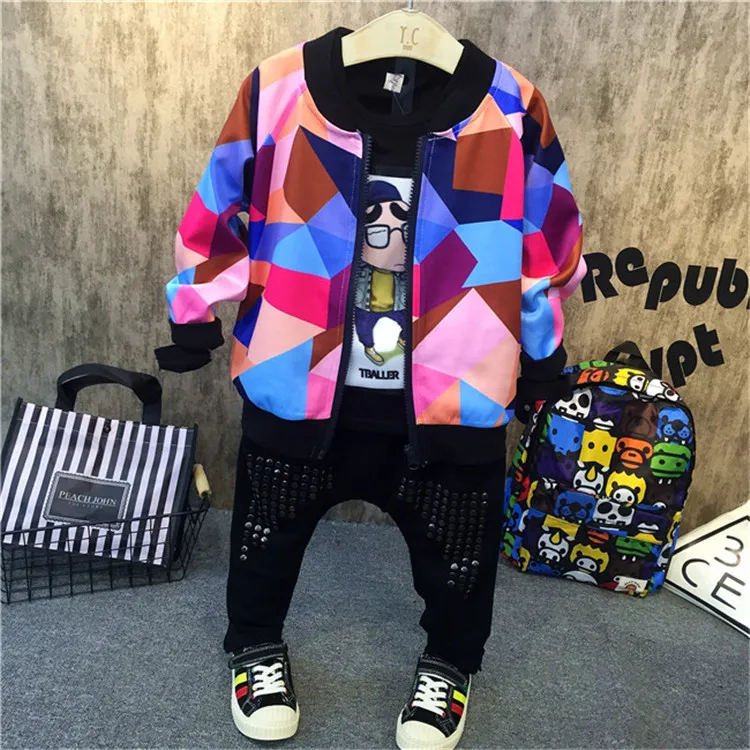 

Boy's Colorful Zipper Closure Spring and Autumn Jacket Coats Geometrical Squares Patchwork Outwear Jacket Coats