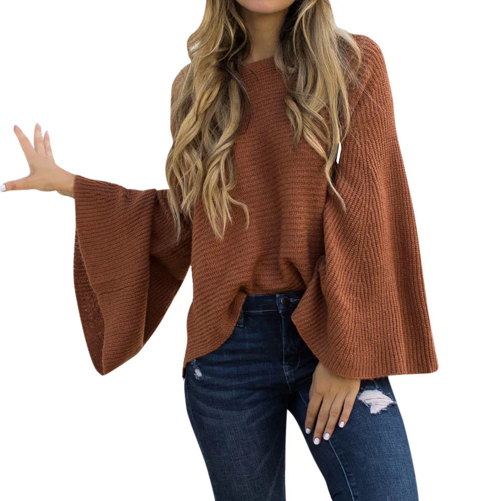 

Plus Size Long Sleeve Womens Brown sweater Fashion autumn winter Knitting pullover Flare Sleeve Sweater Blouse