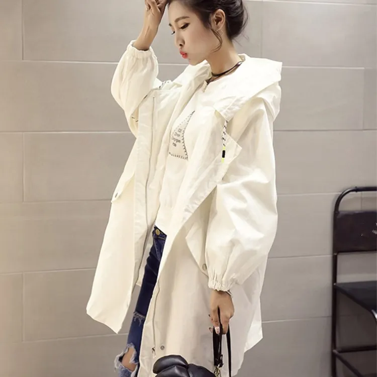 Autumn Women Pure Color Long Trench Coat Loose Hooded Windbreaker Adjustable Waist Female preppy Oversize Thin Overcoat Outwear