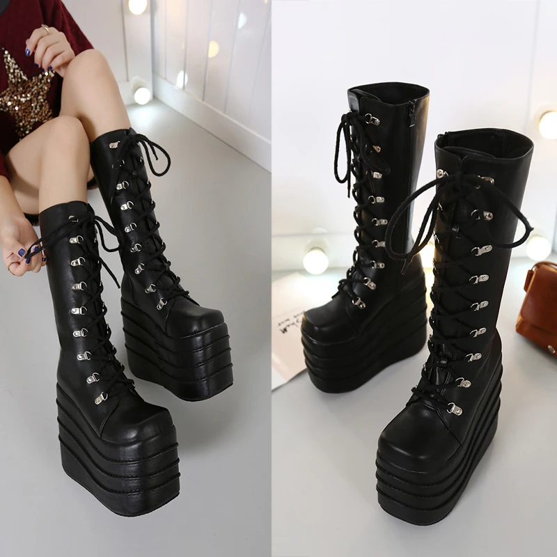 

US4-11 Womens Punk Wedge Heels Knee High Thigh Boots PU Leather Lace Up Platform Shoes Super High 16CM Cosplay Black White A427