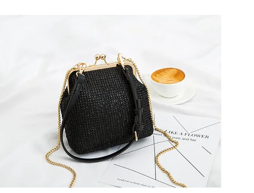 Модная соломенная сумка, дизайнерская женская сумка на цепочке, сумки через плечо, женские сумки из ротанга, маленькие тканые летние пляжные кошельки - Цвет: black