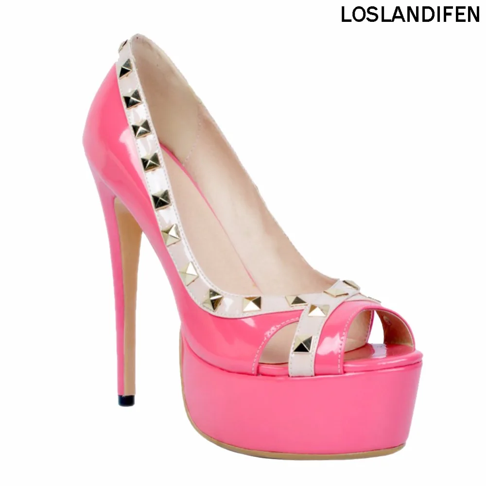

Loslandifen 2018 Simple Best Selling Womens Fashion Handmade 14.5cm High Heel Platform Peep-toe Rivets Studs Pumps Shoes XD169
