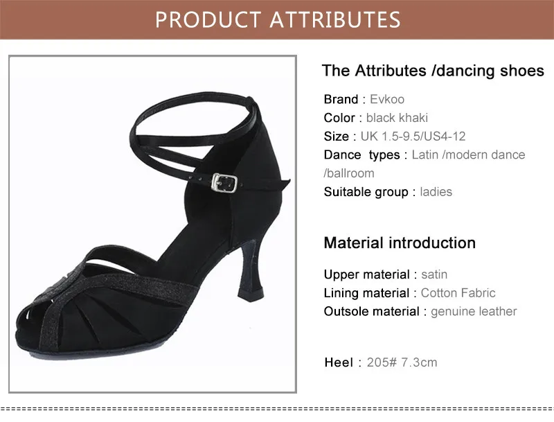 Evkoo dance/Лидер продаж; женская обувь для латинских танцев; Каблук 7,3 см; цвет черный, хаки; атласная обувь с блестками; стиль; Танцевальная обувь для сальсы; Evkoo-278
