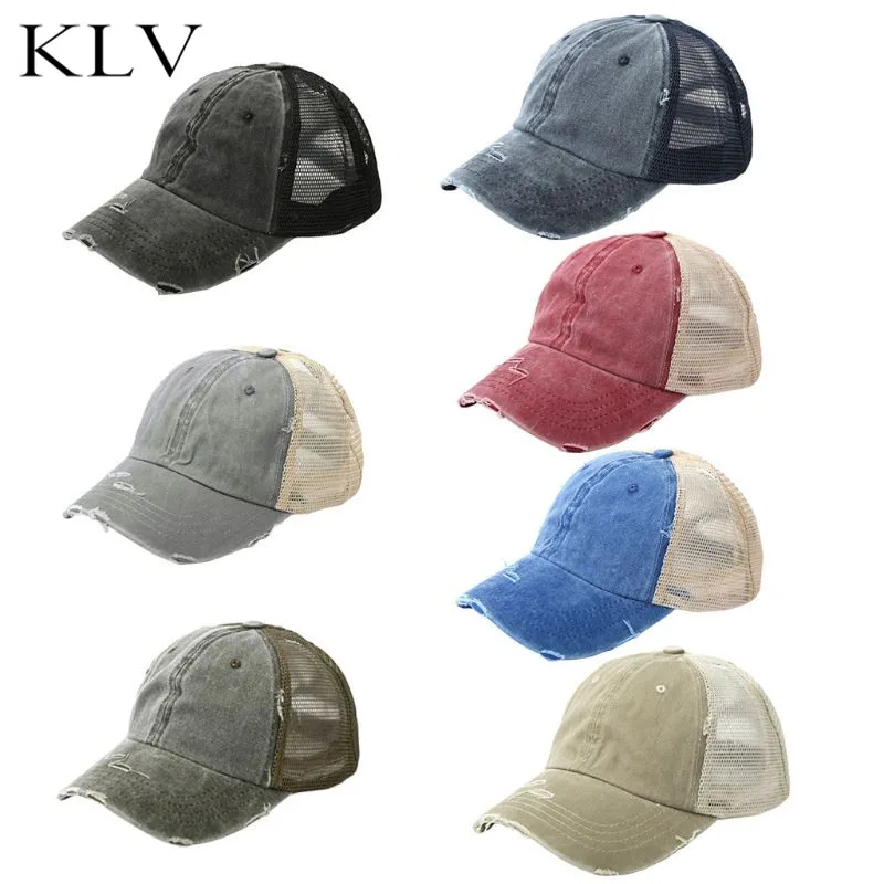 

Womens Summer Ponytail Messy Bun Baseball Cap Vintage Washed Color Breathable Mesh Back Adjustable Snapback Distressed Sun Hat