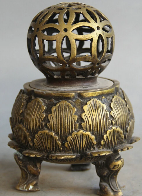 

6" Marked Chinese Dyansty Copper 3 Frog Foot Lotus Flower Incense Burner Censer R0710