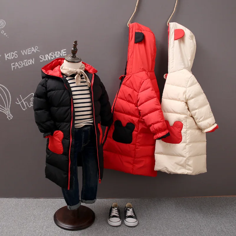 

2018 winter children's clothing long stringy selvedge sleeve polyester cartoon boy girl kid fashion zipper mid long down