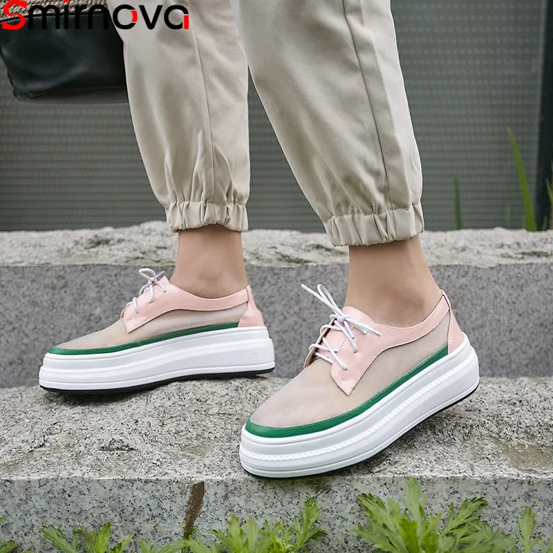 

Smirnova 2019 new shoes woman round toe lace up mesh+cow leather shoes flat platform ladies shoes comfortable flats women shoes