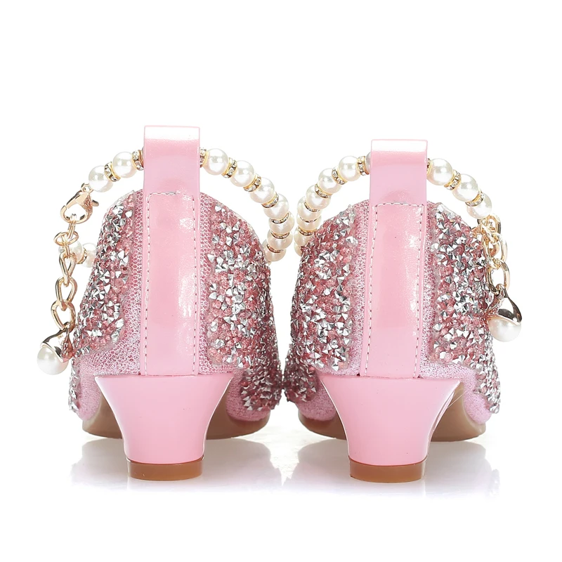 ULKNN/Обувь для девочек; цвет золотой, серебряный, розовый; круглый носок; повседневные волокна; детская обувь на высоком каблуке; Принцесса; школьная обувь для выступлений; жемчуг