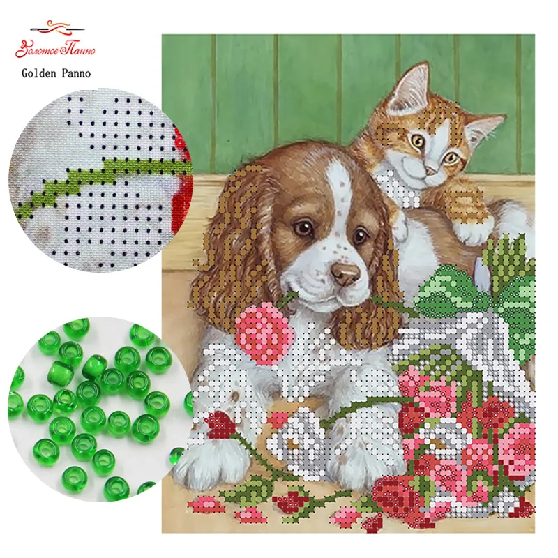 

Golden Panno,Needlework DIY bead Cross stitch Printed Embroidery Precise scenic Pattern cross stitching dog and cat 0502