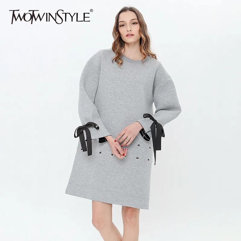

TWOTWINSTYLE Spring Sweatshirt Dress Female Hollow Out Casual Dresses For Women Lace Up Long Sleeve Sweatshirts Big Size Clothes