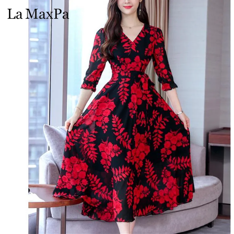 High Quality Plus Size Fashion Autumn New Arrival Collect Waist 3/4 Sleeve FeatherPrinting Woman Long V Neck Chiffon Dress