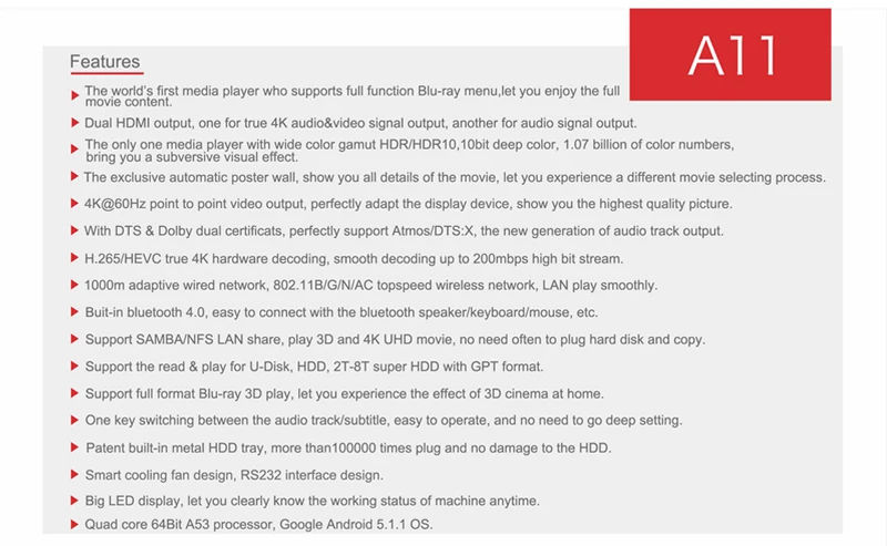 Egreat A11 в формате 4 K UHD, медиа-Player2G/16G 2T2R WI-FI Gigabit LAN Blu-Ray 3D Dolby атомов DTS X Видон 2 HD Порты новее Egreat A10