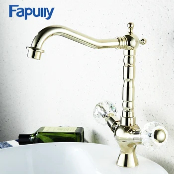 

Fapully Luxurious Dual Crystal Handle Bathroom Faucets Gold Bathroom Basin Sink Faucet Hot and Cold Water Mixer Taps 584-11G