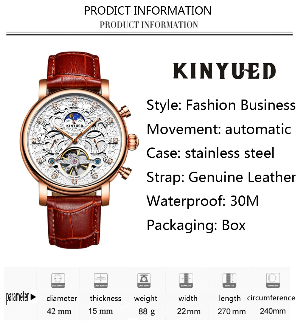 KINYUED повседневные часы с бриллиантом, Tourbillion дисплей, с автоматическим заводом, часы для мужчин, фаза Луны, с коричневым ремешком из натуральной кожи