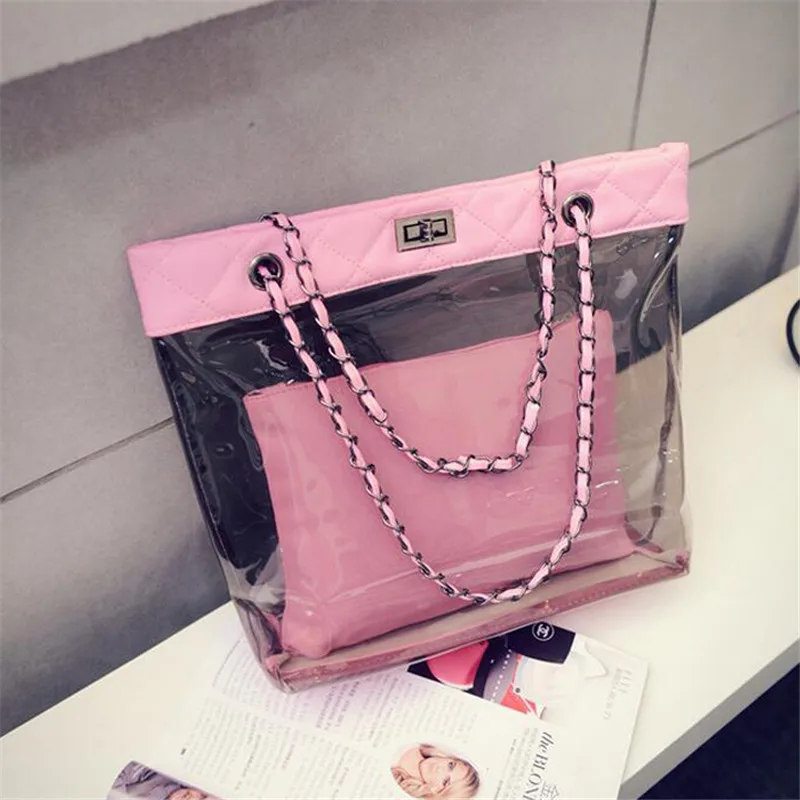 

new Women Summer Beach Bag PVC Transparent Composite Bags Set Female Shoulder Bag with Purse Waterproof Clear Bag Feminia Sac