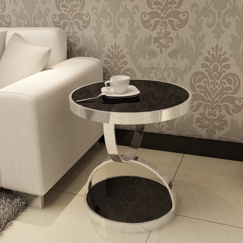 Simple stainless steel gold rounded tea table phone gilded toughened glass sofa corner table side table