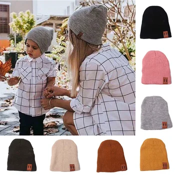 

New Parents&Kids Fashion Cap Solid Color Head Baggy Warm Hat Women Skullies Crochet Winter Beanie Skull Casual Caps