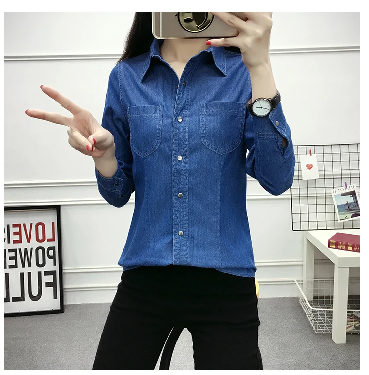 Облегающие повседневные джинсовые рубашки с длинным рукавом, элегантная блуза на одной пуговице, рубашка для женщин, плюс размер, джинсовые блузы, корейские женские топы
