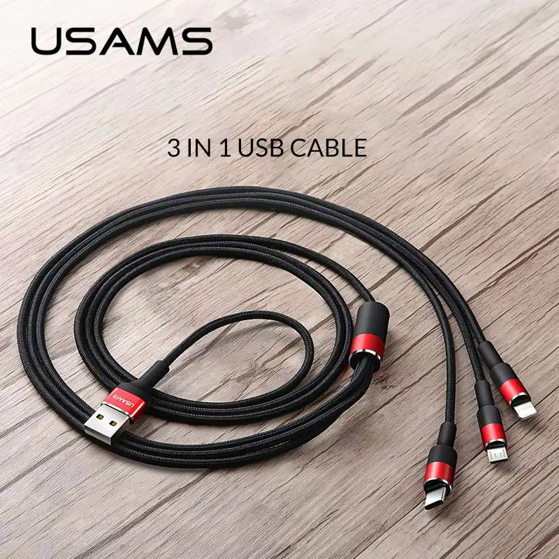 USAMS 3 в 1 USB кабель type C кабель для samsung s9 plus Micro usb кабель для зарядки для iPhone X 8 7 6s Plus 5 5S SE 5c C кабель