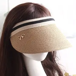 Для женщин летние Открытый Топ соломенная Плетеный Защита от солнца козырек Hat полосы контрастных цветов металлический бант декоративный