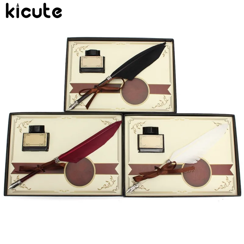 

Kicute Retro Swan Feather Quill Metal Nib Dip Pen Writing Ink Set with Gift Box Stationery Antique Fountain Pen Wedding Gifts