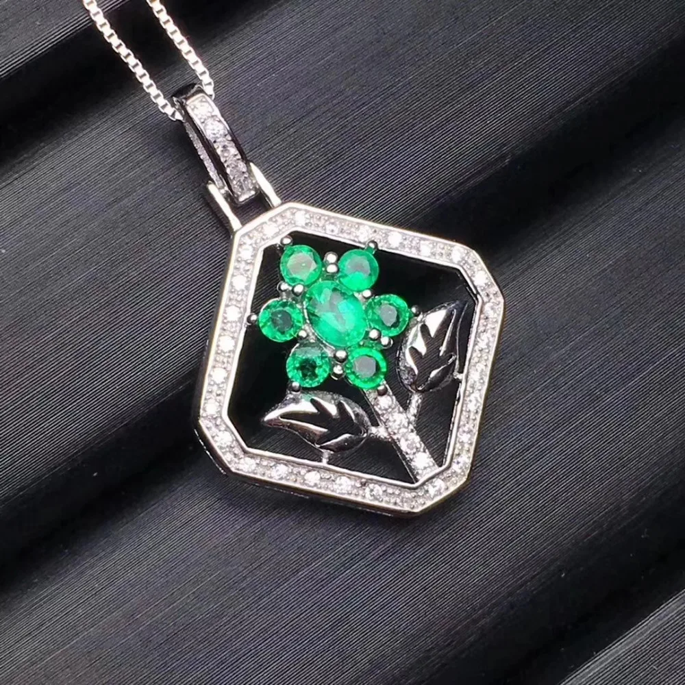  Collier pendentif fleurs naturelles vert émeraude collier S925 argent pierres précieuses naturelles