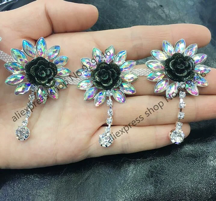 

free shipping 10pc/lot gorgeous AB color crystal sunflower trimmings rhinestone dangle chain with black flower garment accessory