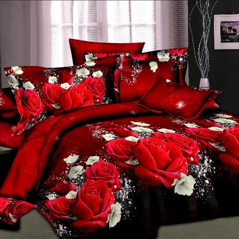 New 3d Red Rose Queen King Size Bedding Set 4 Pcs Sheet Duvet Cover Pillowcases Comforters Sets Home Garden Bedding Comforters Sets