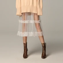 Женская сексуальная сетчатая кружевная длинная юбка, летняя повседневная элегантная прозрачная фатиновая эластичная юбка с высокой талией, Лоскутная белая юбка с оборками 191