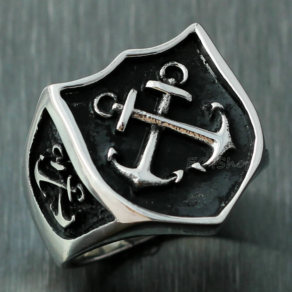 Vintage Cross Anchor Shield mowen Mens 316l Stainless Steel Ring Jewelry Black Silver