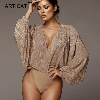 

Articat Deep V Neck Sexy Bodysuit Women Tops Long Sleeve Loose Rompers Womens Jumpsuit Spring Casual Body Suit Party Overalls