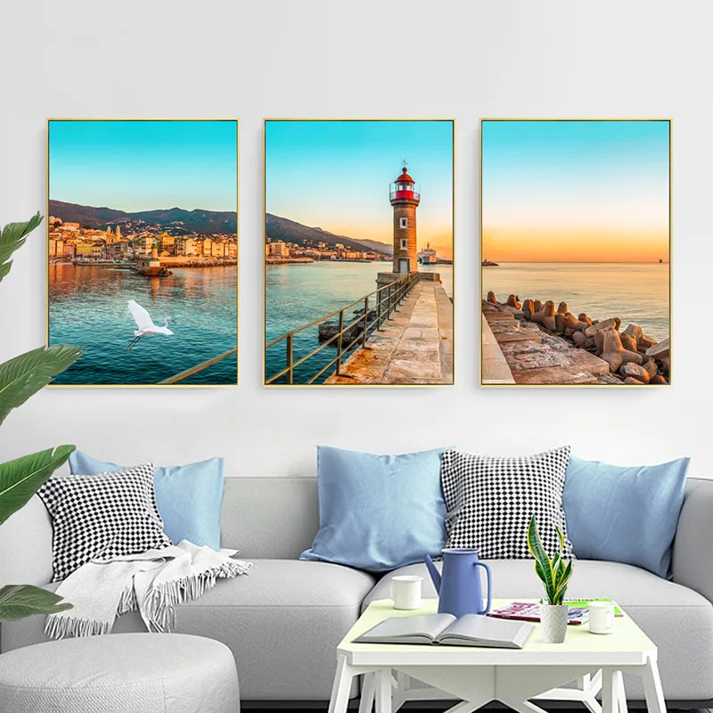 

Gohipang Nordic Minimalism Poster Modern Minimalist Ocean Landscape Decoration Painting Living Room Triptych Lighthouse Large