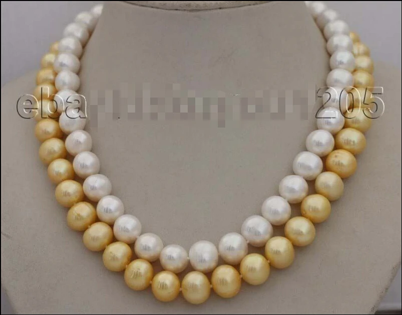 

fastDouble 18-19" Genuine Natural 12mm White Golden Round pearl Necklace #f1899! (A0513)