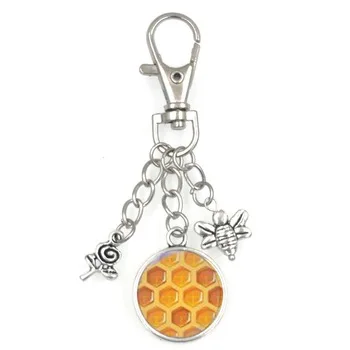 honey bee honey comb queen hexagon flower garden KEYCHAIN ART DOME CAMEO spring KC019
